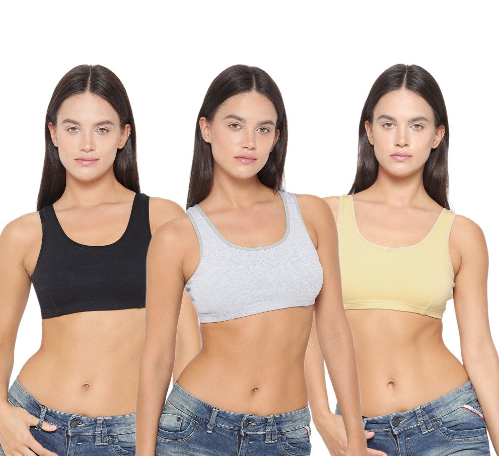 YUCI Pack of 3 Girls Sports Bra Black Skin Grey